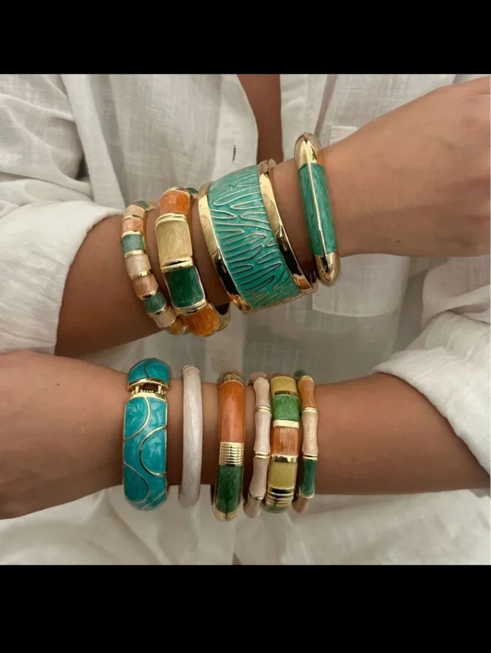 Gold-Tone Enamel Stackable Bangle Bracelets - Green & Cream